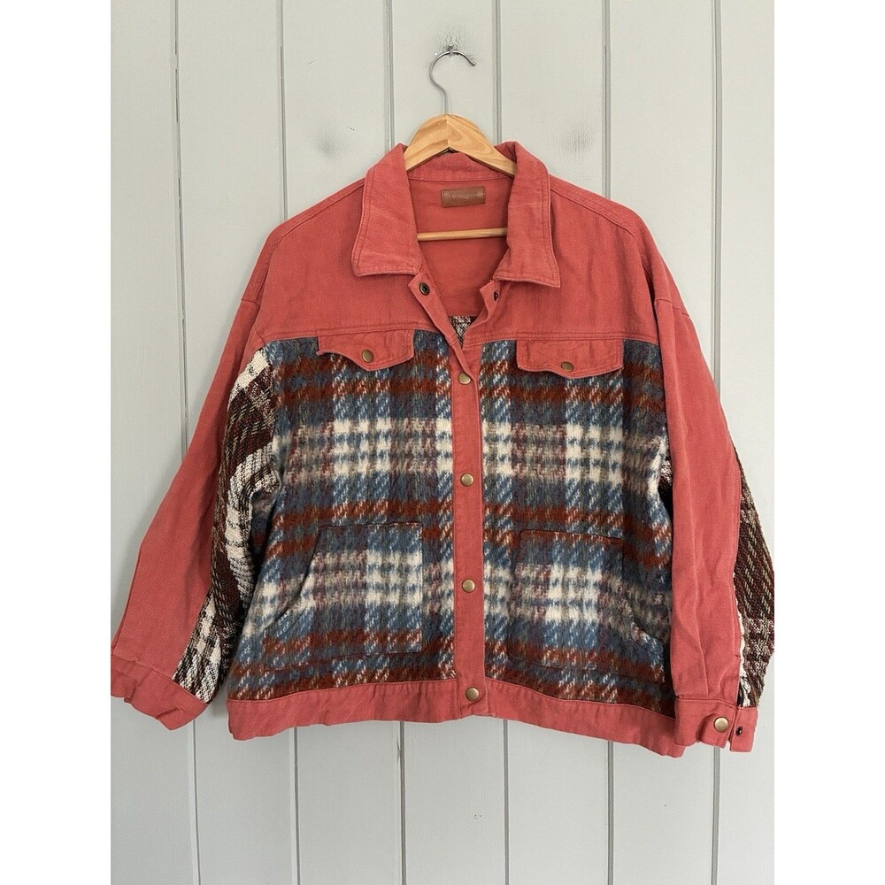 Umgee Print Sherpa Detail Button Up Jacket XL Chest Pockets Clay Blue